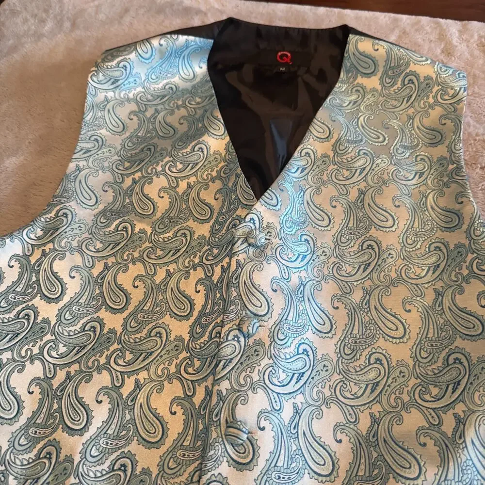 Blue Satin Mens Vest Waistcoat sz M Paisley Wedding Party Prom Formal